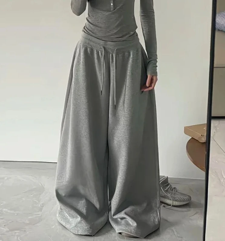 Y2K خمر فضفاض Sweatpants النساء الخريف جديد الكورية فضفاض بنطال ذو قصة أرجل واسعة الشارع الشهير عادية سستة يطير الإناث السراويل