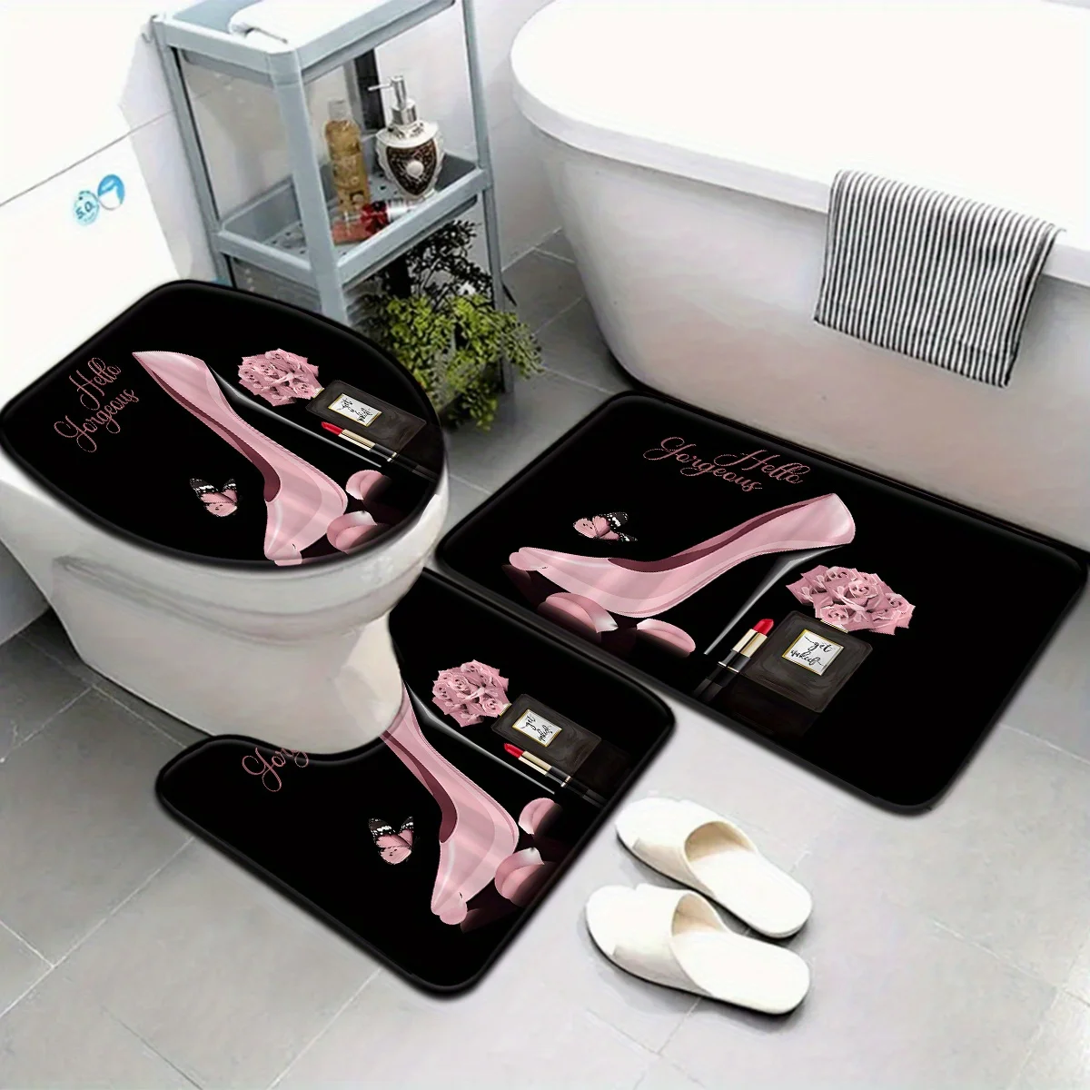 

3pcs Valentine's Bath Mat Set - Black/Pink High Heel & Perfume Print, Non-Slip Toilet Cover & U-Shaped Rug, Romantic Decor