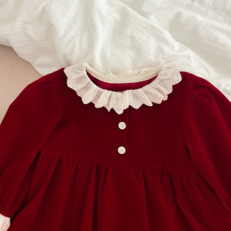 Christmas Baby Girls Outfit Romper Lace collar Jumpsuit New Years Red Playsuit Xmas Pullover Bodysuits Fall Winter Child Clothes