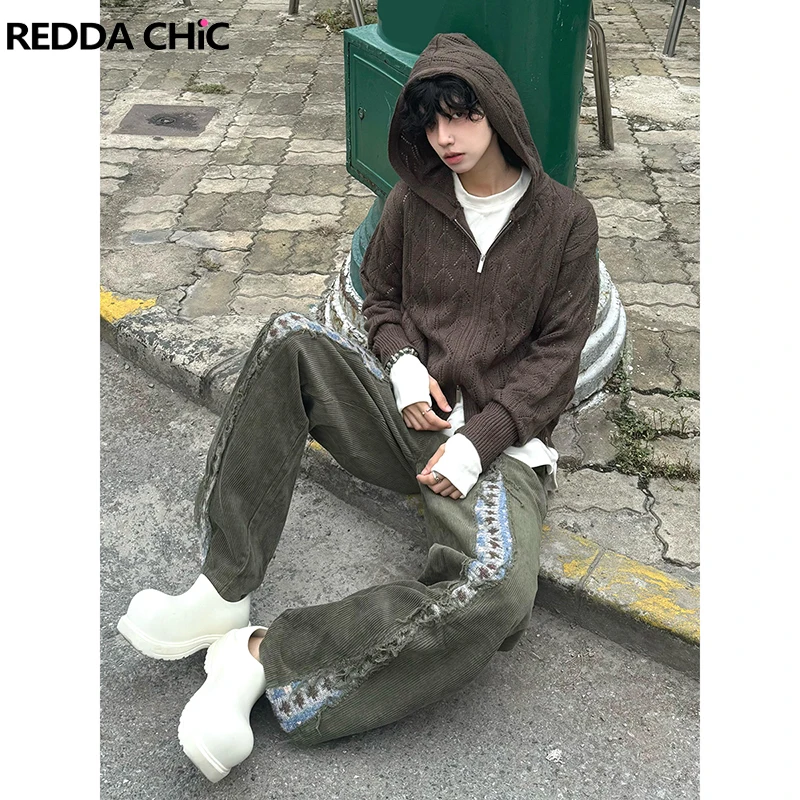 REDDACHIC Retro Crochet Wide Leg Corduroy Pants Women Fair Isle Knit Stitch Raw Hem Green Trousers Casual Autumn Winter Clothes