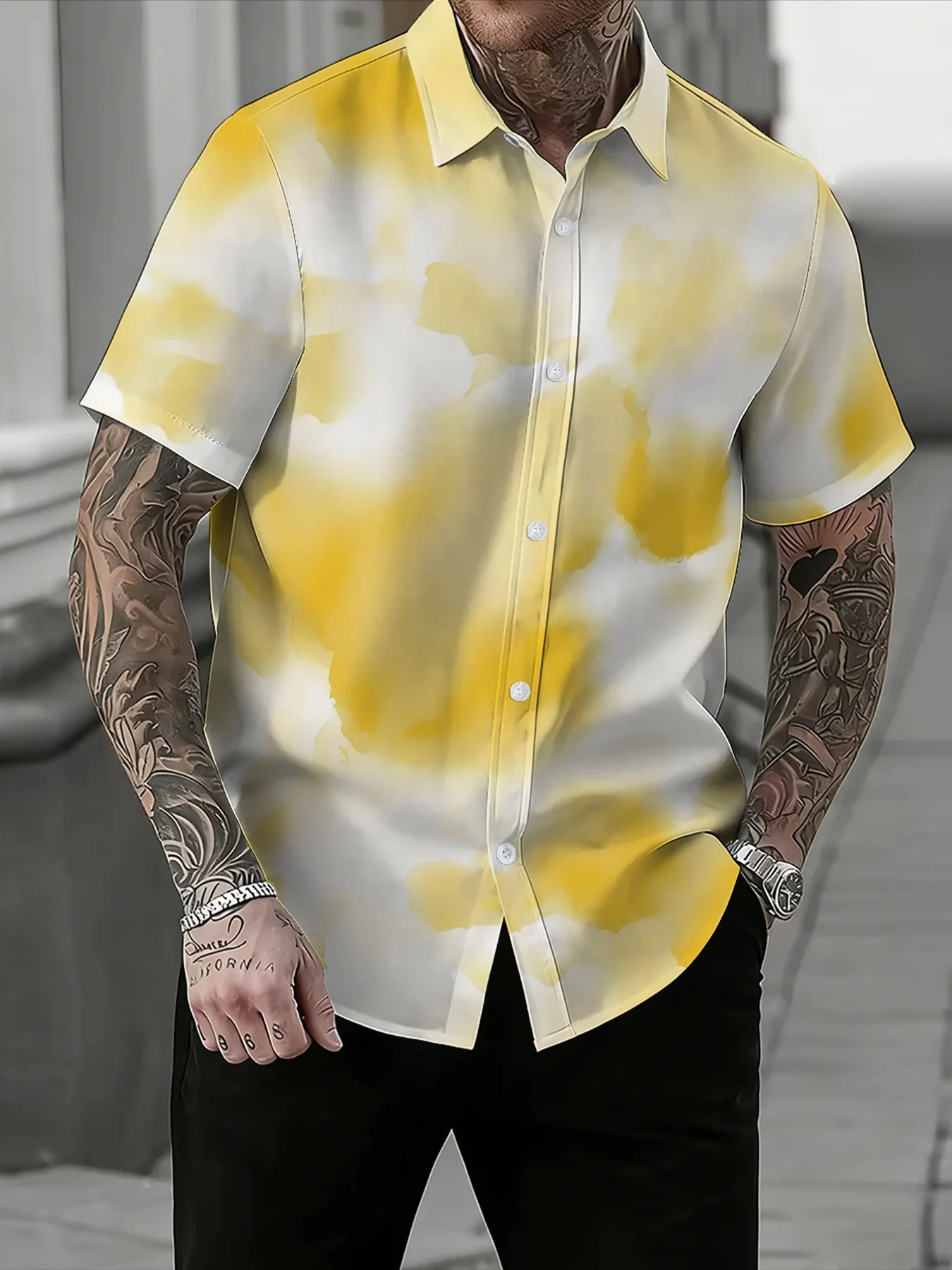 Gentle Yellow Ink Wash Mens Shirt, Regular-fit Short-sleeve Button-up Lightweight Shirts for Outdoor Hangouts Daily Going-out
