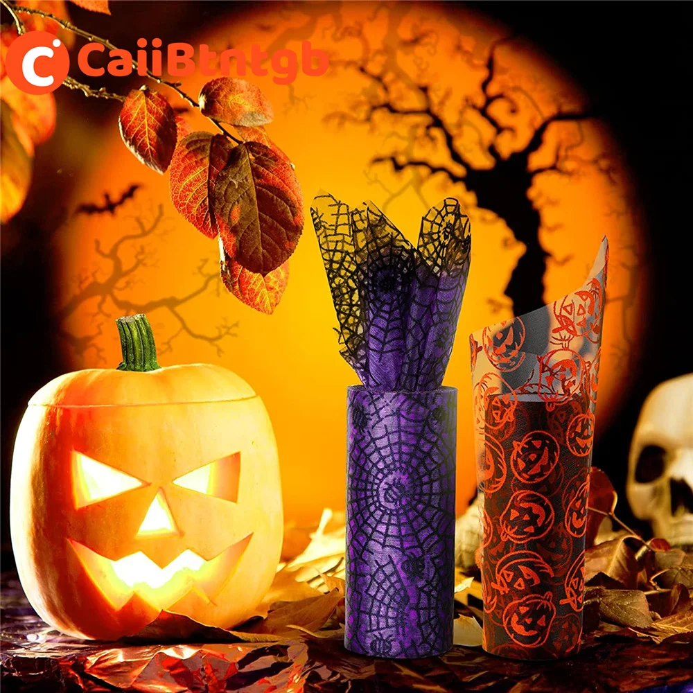 13CM*10Yards Halloween Tüllrolle Spinnennetz Tüllband Kürbis- und Fledermaus-Print Tüllrolle für Kranzherstellung Halloween-Dekoration – Detail 7