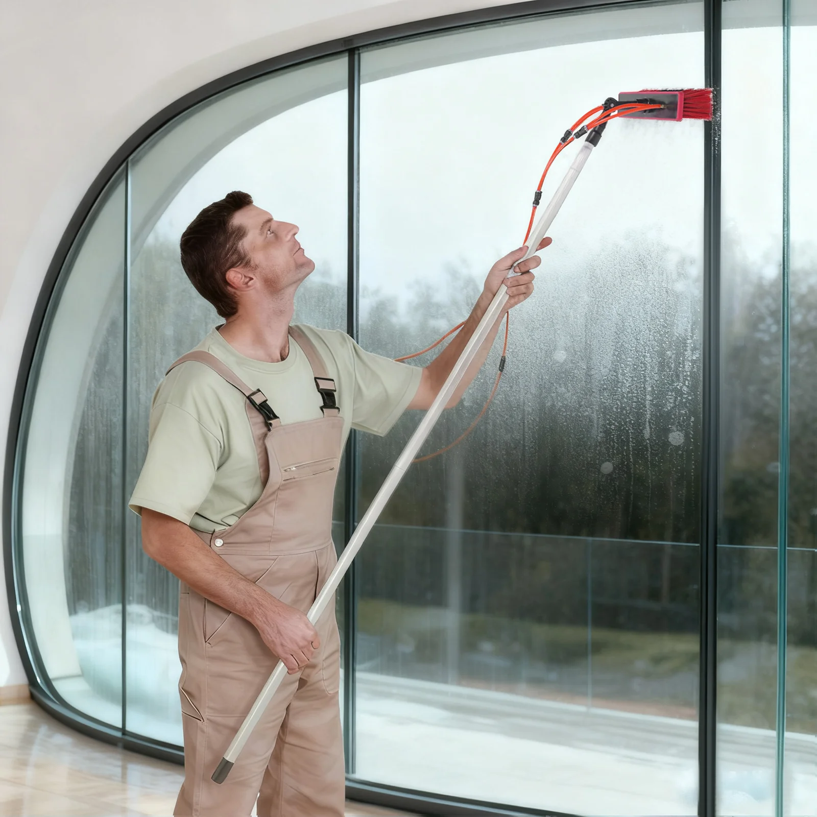 

Window Washing Equipment Water Fed Pole Kit,Brush Head 180° Adjustable Window Glass Cleaning Tool w/ Pole&Water Hose,Out/Indoor