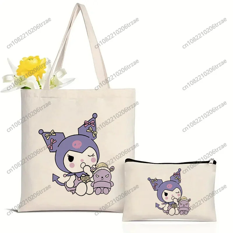 Bolsos de Lona Kawaii Kuromi con Diseño Casual Dulce y Genial, Set de Bolsos de Maquillaje, Bolso de Gran Capacidad para la Universidad, Bolso de Mano para Mujer