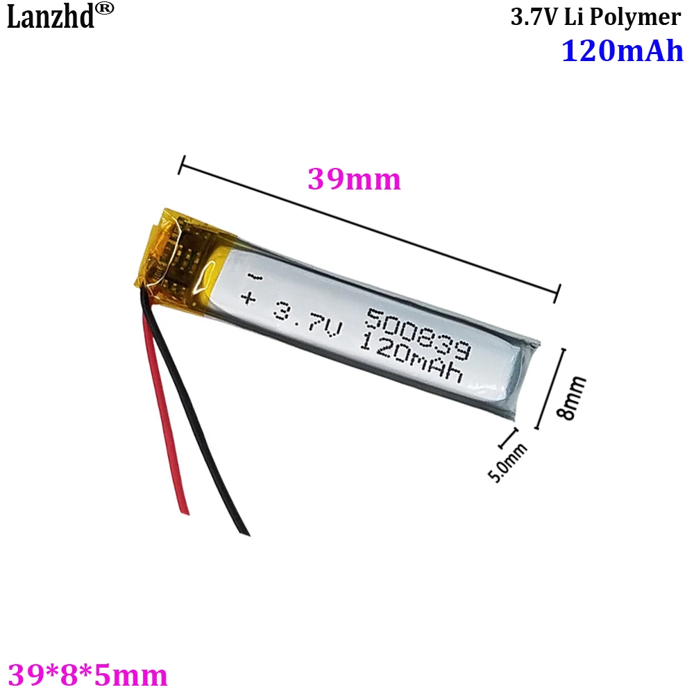 

500839 3.7V 120mAh rechargeable polymer battery for voice recorders, smart wearable products, and Bluetooth headphones