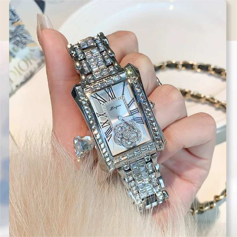 Automatic Quartz Movement Watch steel strip Roman pattern Bling Diamond dial Ladies Wrist Watch for Women Waterproof Wristwatch
