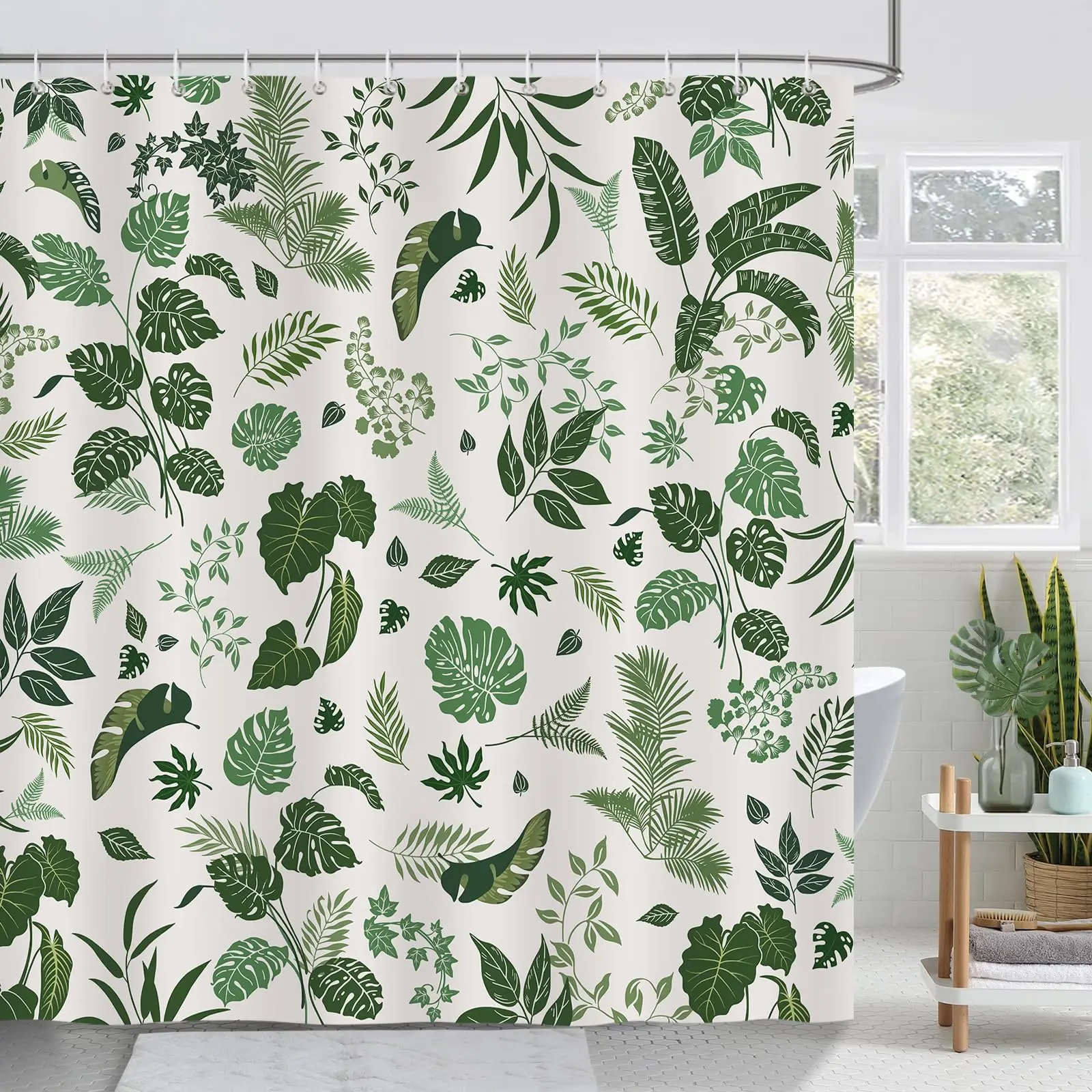 Green Leaf Shower Curtain, Tropical Jungle Leaves Plant Nature Botanical Bath Curtain for Bathroom Polyester Fabric with Hooks