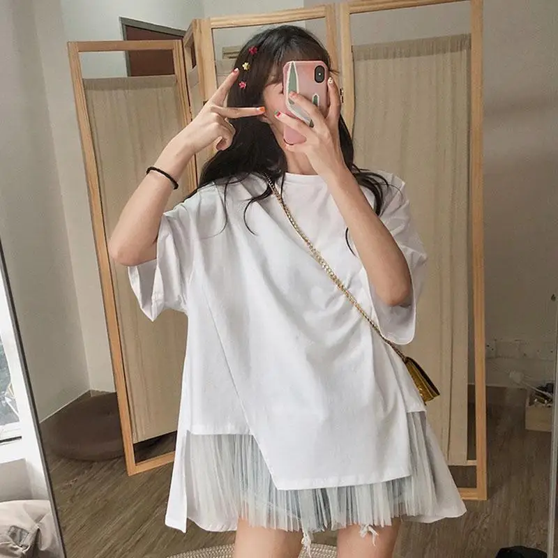 

Korean Spliced Mesh Women O Neck Short Sleeve T Shirts Summer Classic Sweet Fashion All-match 2xl Oversized Clothing Black White