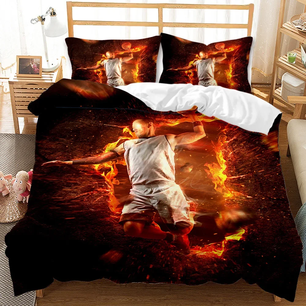 Basketball Duvet Cover Set Twin Size Sports Basketball Fire Pattern Twin Bedding Set Microfiber Quilt Cover for Boys and Teens