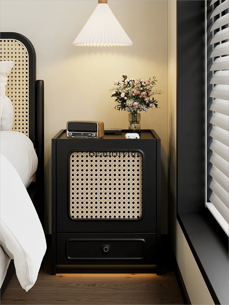 Table de Rangement Intelligente Rétro en Rotin Noir, Meuble Simple, Moderne, Médiéval, Multifonctionnel avec Serrure