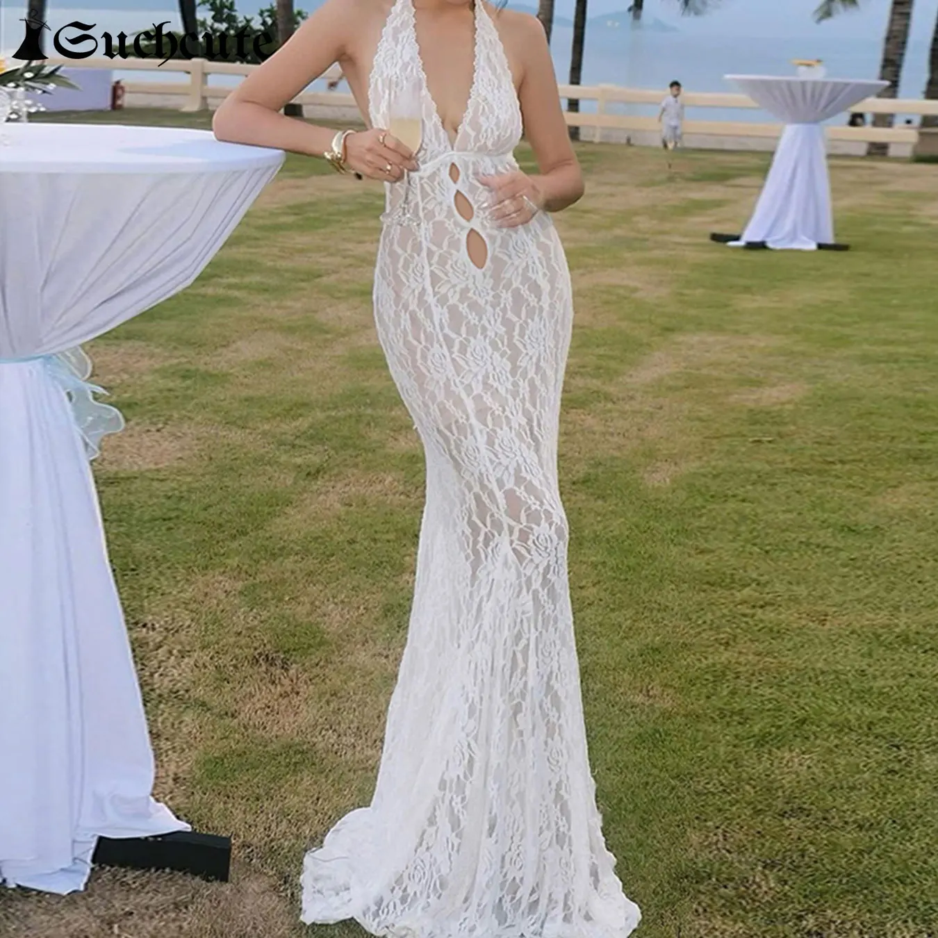 

SUCHCUTE Sexy Lace Halter Long Dress Hollow Long Backless Concert Women Dress Summer Vacation Bodycon Vestidos Grunge Fairycore