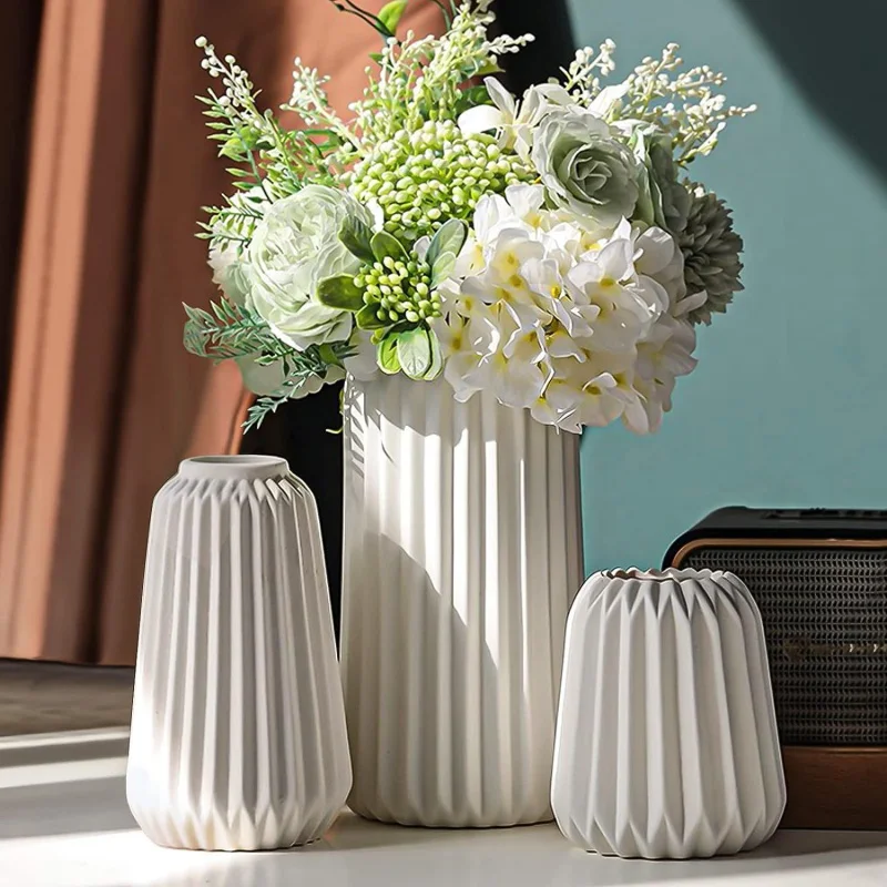 

White Ceramic Vase Set - Simple Style Home Decor Ornaments, Tabletop Room Decoration for Living Room