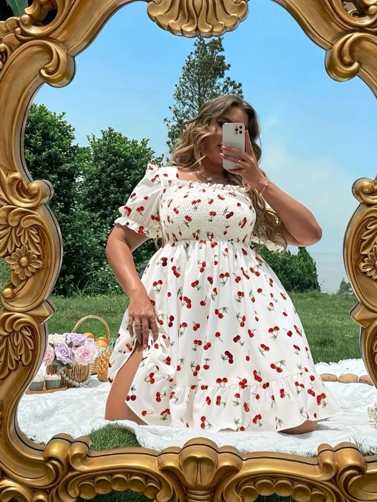 Floral Print Summer Elastic Waist Dress Slimming Flowy Casual Boho Women Dresses European American Style Loose Fit Maxi Dress