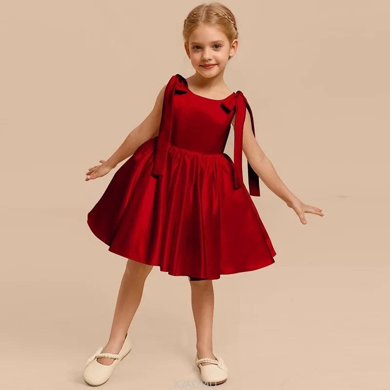

Elegant Girls Satin Red Dress Princess Party Gown Costume Pian Pageant Outfit Birthday Performance Children Clothing Dresses