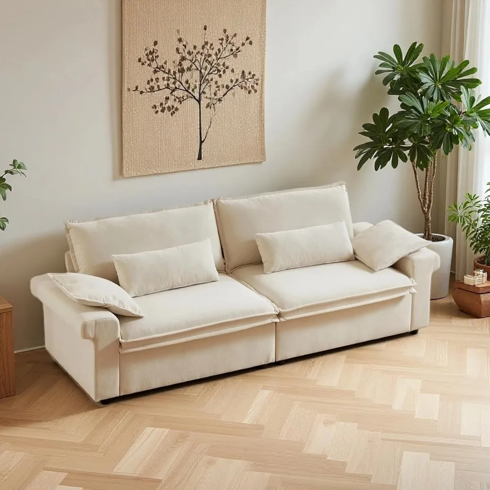 Sofá de 94 polegadas, sofá grande com braços largos, sofá moderno de 3 lugares com almofadas, tecido de chenille, almofada de assento profunda