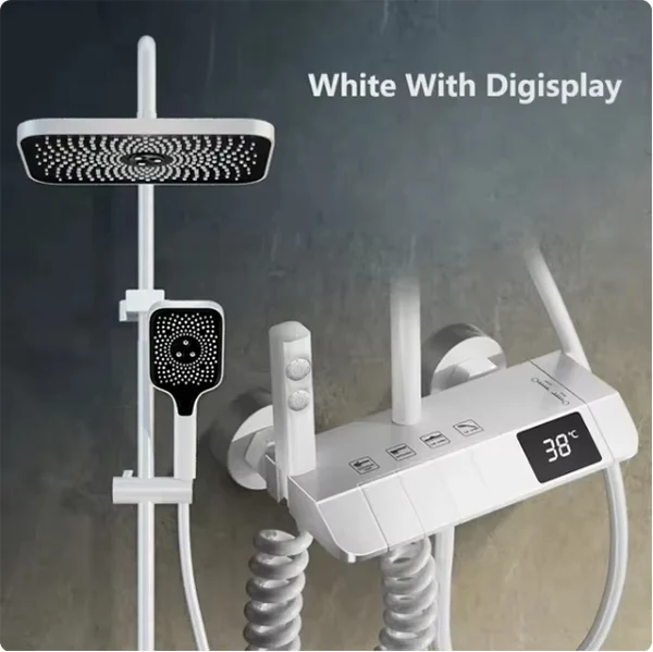 Badezimmer-Duscharmatur-Set, 4-Funktionen, Digitalanzeige, Duschthermostat, Heiß- und Kaltduschen, Mixer, Druckentladung, Kupferhähne