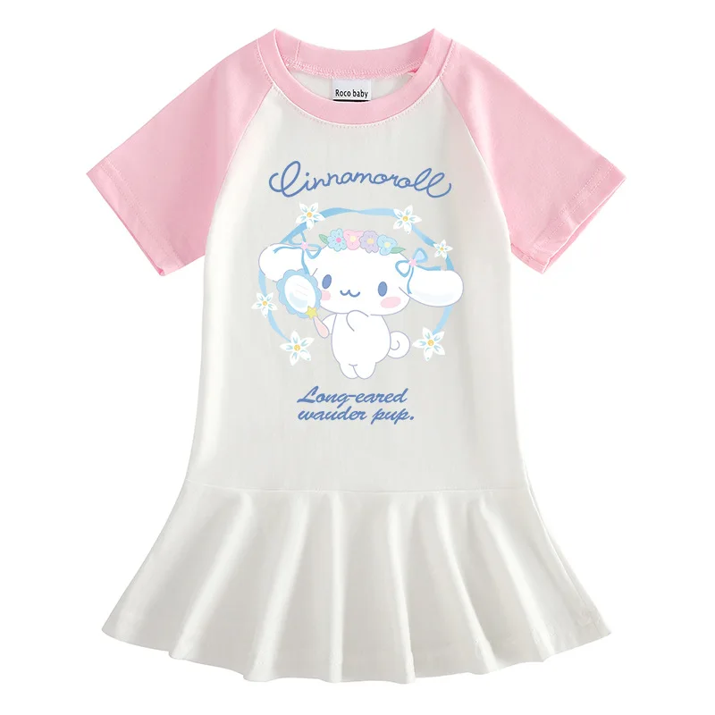 Anime Sanrios Cinnamoroll Kids Short Sleeve Dress Girls Cartoon Half Sleeve Dress Fashion Pleated Skirt Preppy Clothes Summer