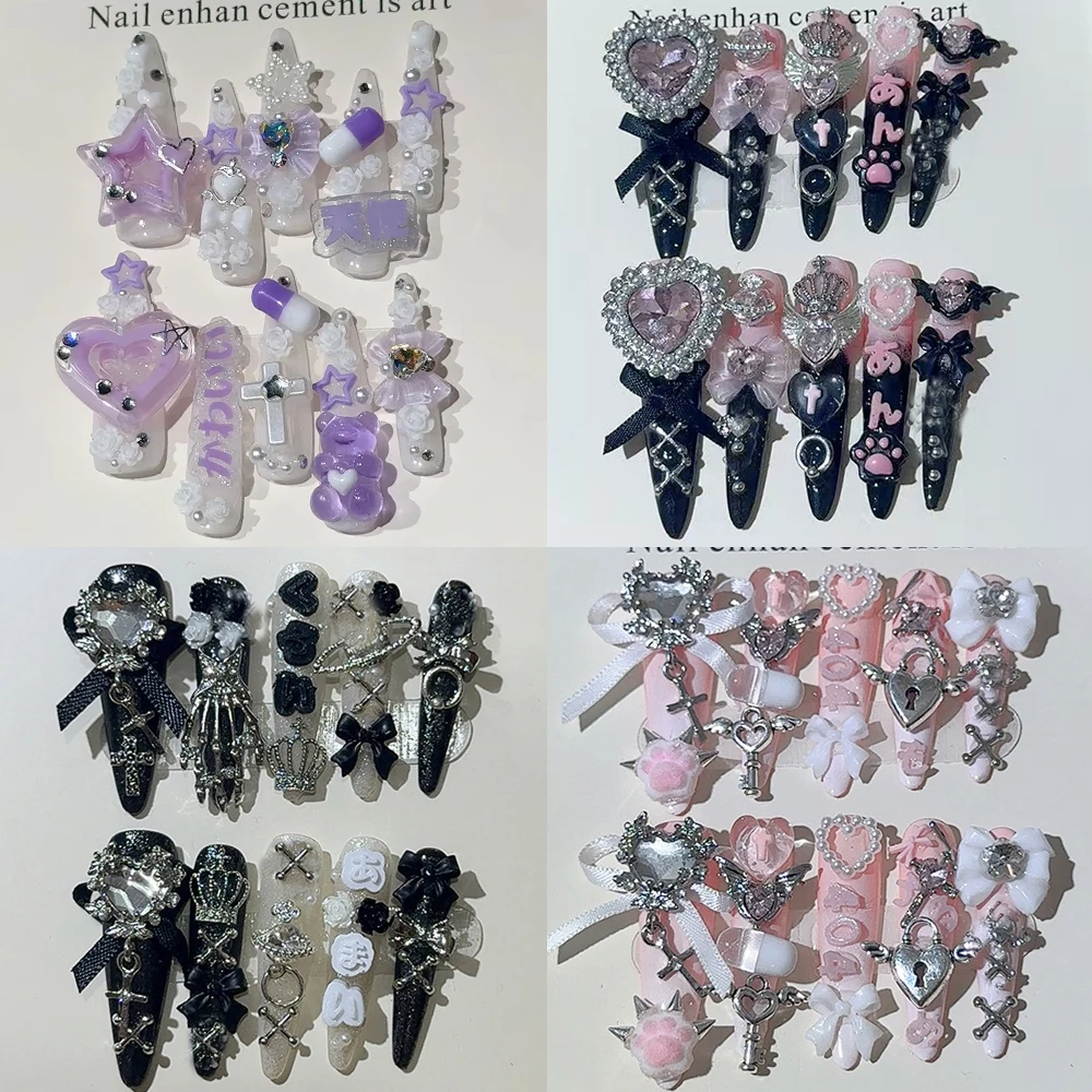 

Sweet Cool Cartoon Long Coffin Stiletto Handmade False Nails Cute Dog Rabbit Bear Flower Diamond Bow False Nail