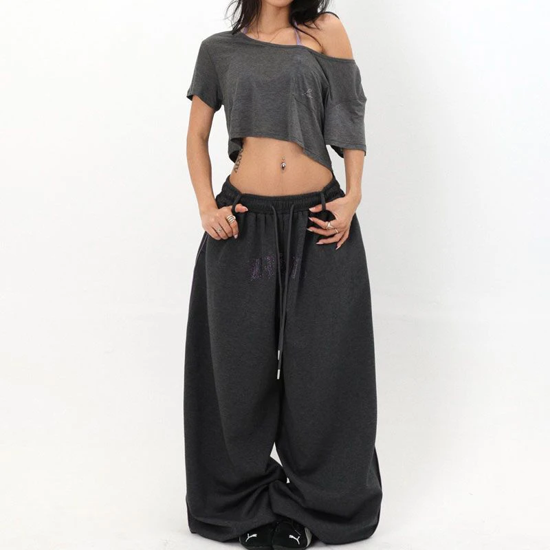 MEXZT Y2K Cotton Sweatpants Women Letter Diamond Baggy Joggers Harajuku Hip Hop Wide Leg Pants Summer Fashion Casual Trousers