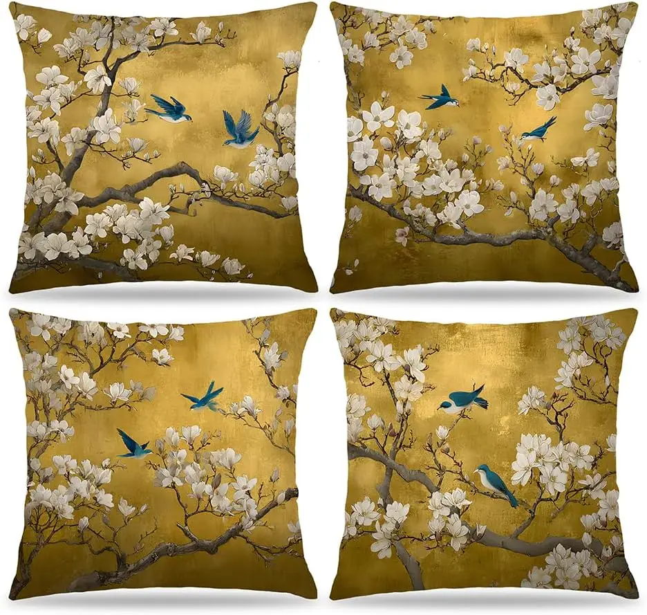 4Pcs Farmhouse Throw Pillow Cases Vintage Chinese Golden Magnolia White Flower Blue Bird Ink Painting Art Sofa Cushion Covers
