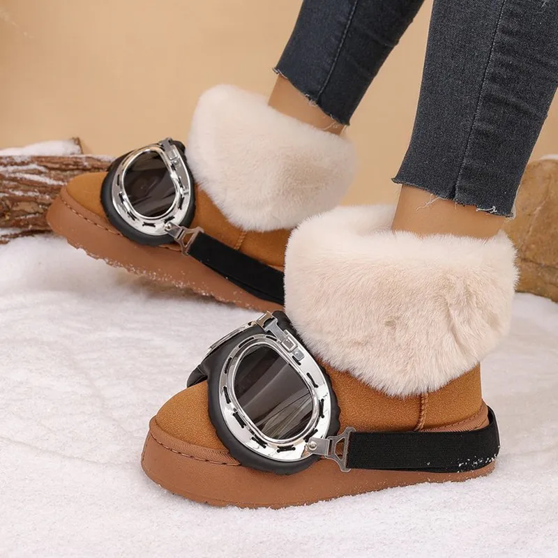 2026 Winter Glasses Decor Thick Soled Comfort Women's Snow Boots New Fashion Fleece Lined Warm Round Toe Casual Boots for Women