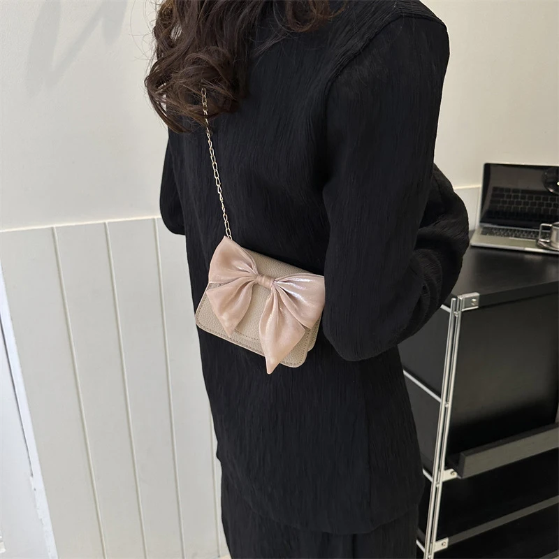 

Elegant Casual Small Square Bag Big Bow Design PU Leather Women Shoulder Crossbody Bag Simple Hanbag