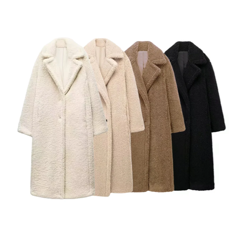 PB&ZA2024 Winter New Women\'s Clothing Style Simple and High end Sense Flip Collar Lamb Wool Fleece Thick Long Coat Coat