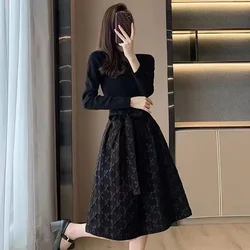 Spring Autumn 2025 Dresses for Women Korean Style Woman Long Sleeve Dress Black On Sale Clearance Sales Xxl Elastic Promotion G