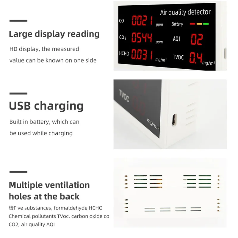 5 in 1 Air Quality Monitor Home Air Condition Sensor Detector Pollution Tester CO/CO2/HCHO/AQI/TVOC Real-time Monitoring Screen