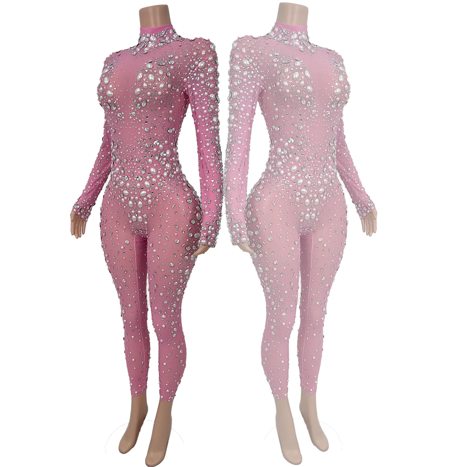 

Sparkling Rhinestone Pearl Jumpsuit Sexy Mesh See Through Steel Pipe Dance Costume Nightclub Club Leggings wangshatiaoliao