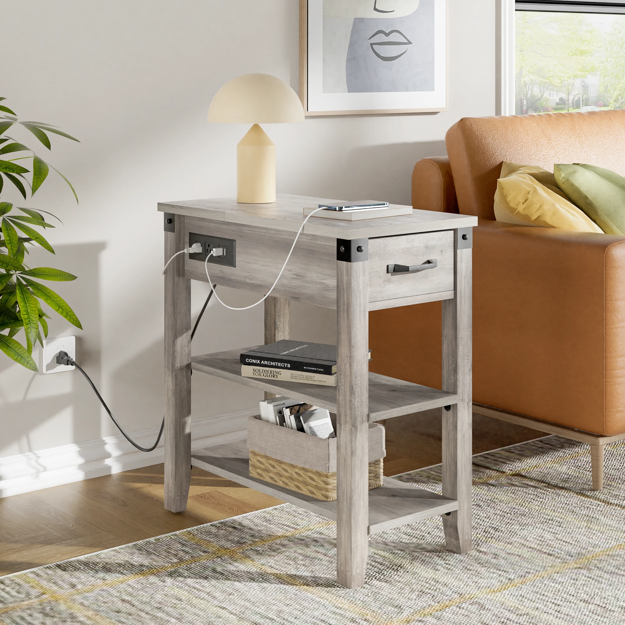 

End Table with Charging Station, Farmhouse Side Table with Drawer and Storage End Table Wood Narrow Bed Side Table/Night Stand