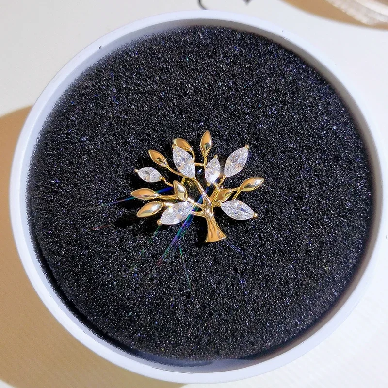 Korean Fashion  Exquisite Inlaid Zircon Leaf Tree of Life Brooches for Women Wedding Party Brooch image 4