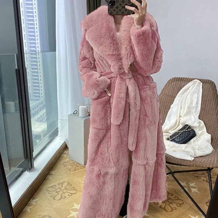 New Faux Fur Coat Women\'s Mid-Length Coat Fashion Loose Belly Covered Tide Sashes Winter Warm Outwear Solid Color