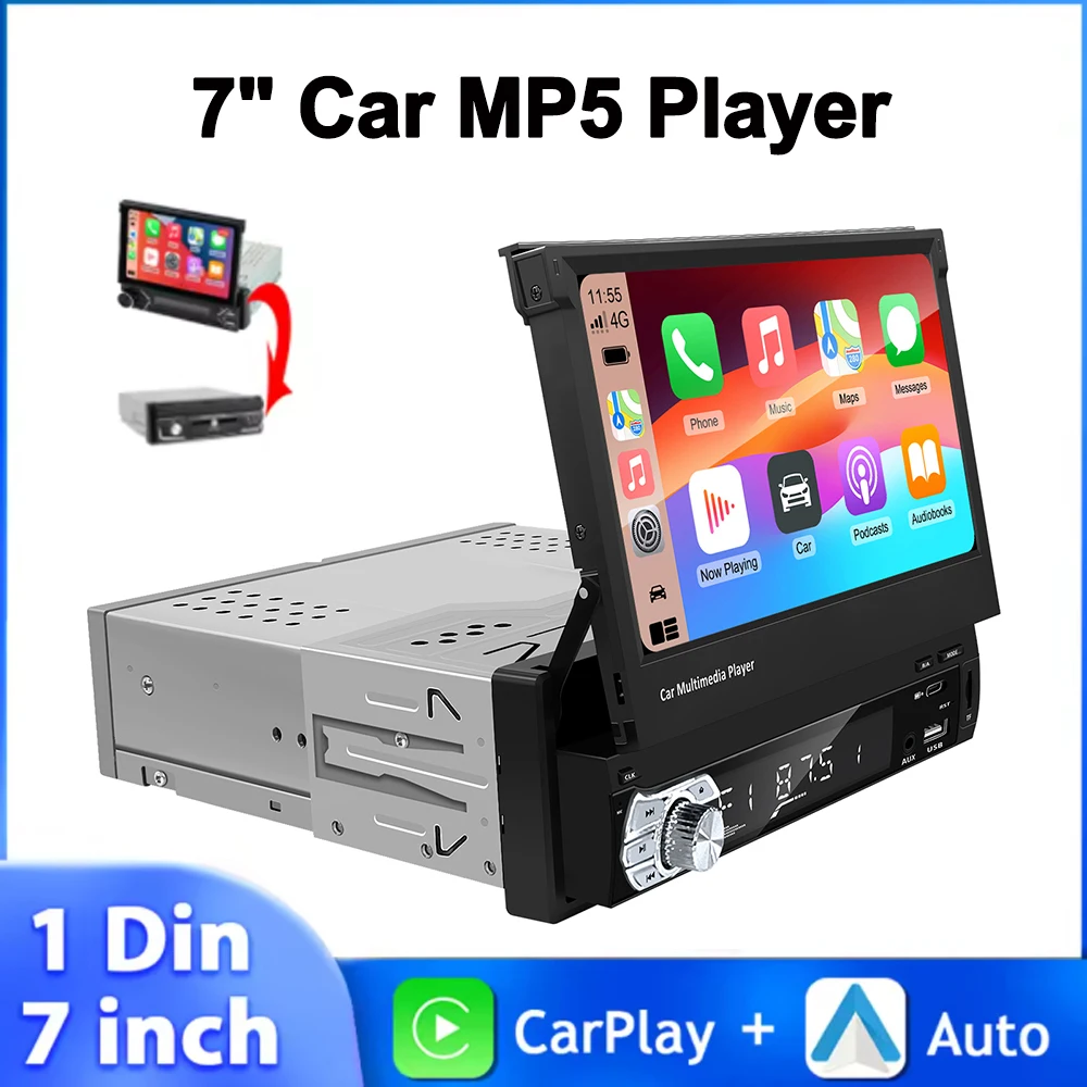 

1din Universal 7" Retractable Screen Car Radio Carplay Android Auto Multimedia Video Player Intelligent Vehicle System USB BT FM