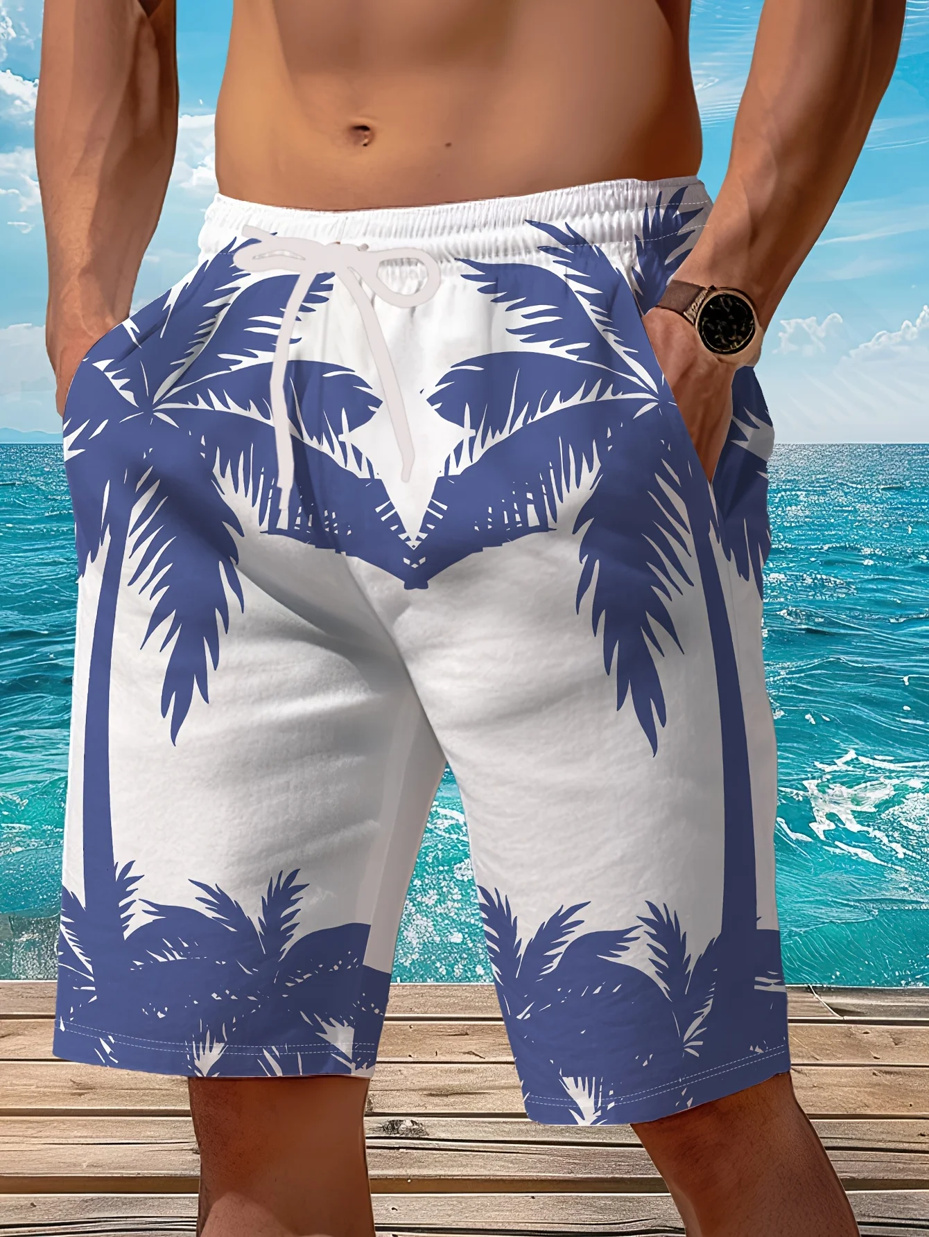 Men's Quick Dry Beach Shorts, White and Blue Palm Tree Print Drawstring Casual Board Shorts with Pockets