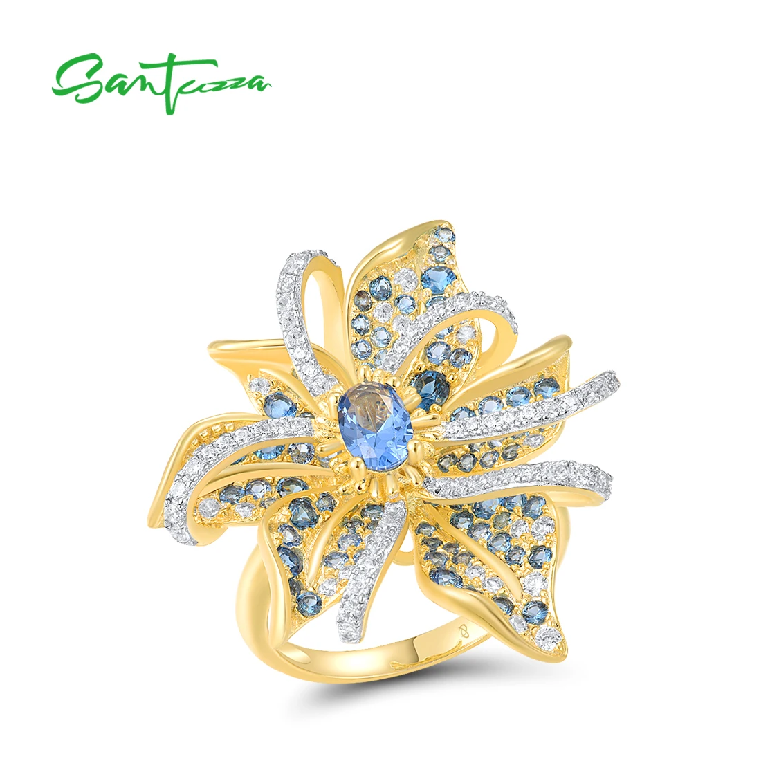 

SANTUZZA 925 Sterling Silver Ombre Rings For Women Sparkling Blue Spinel White Zirconia Lily Flower Trendy Wedding Fine Jewelry