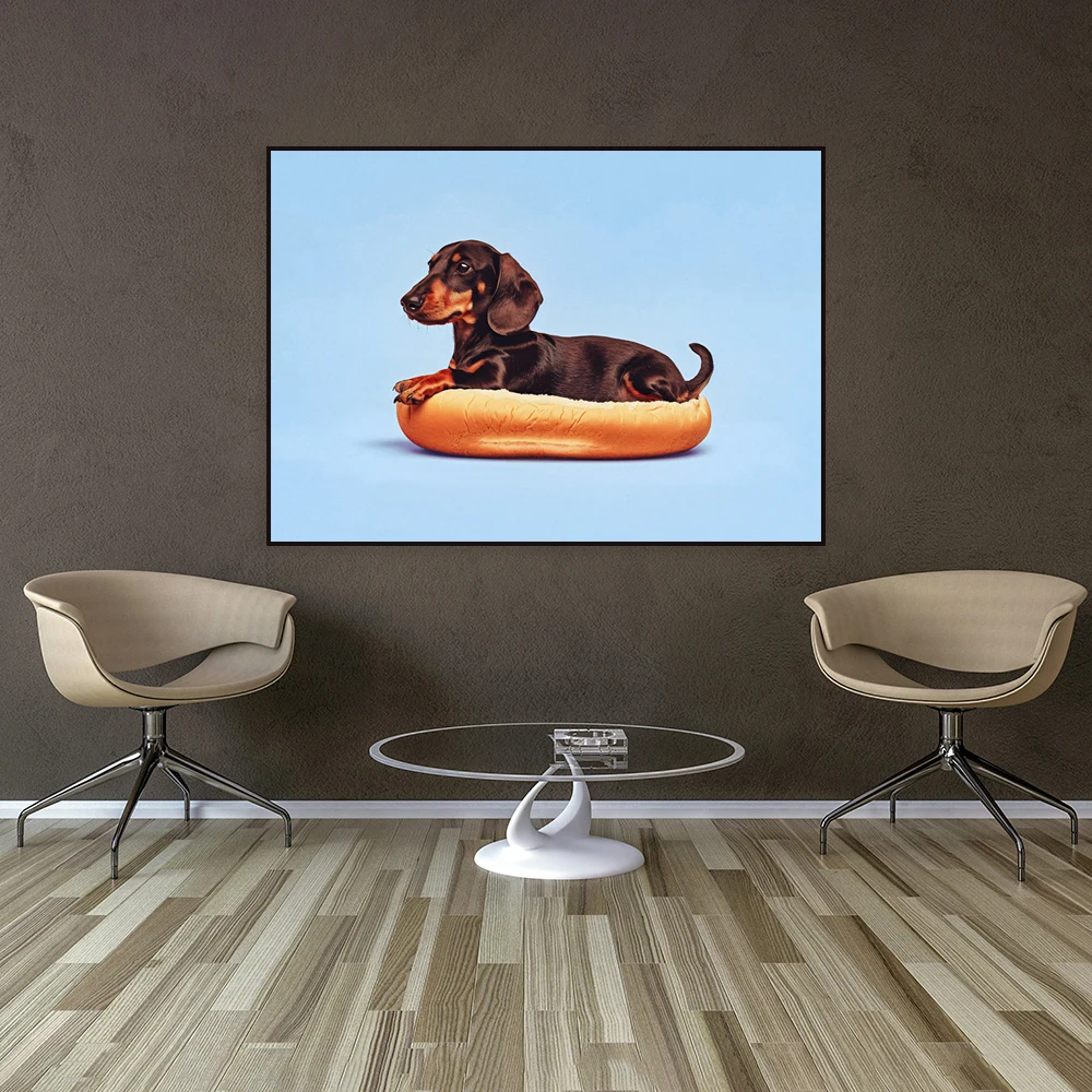 Hot dog dachshund print, funny animal dachshund art, cute dog poster for living room, dining room, kitchen, hallway, kids room