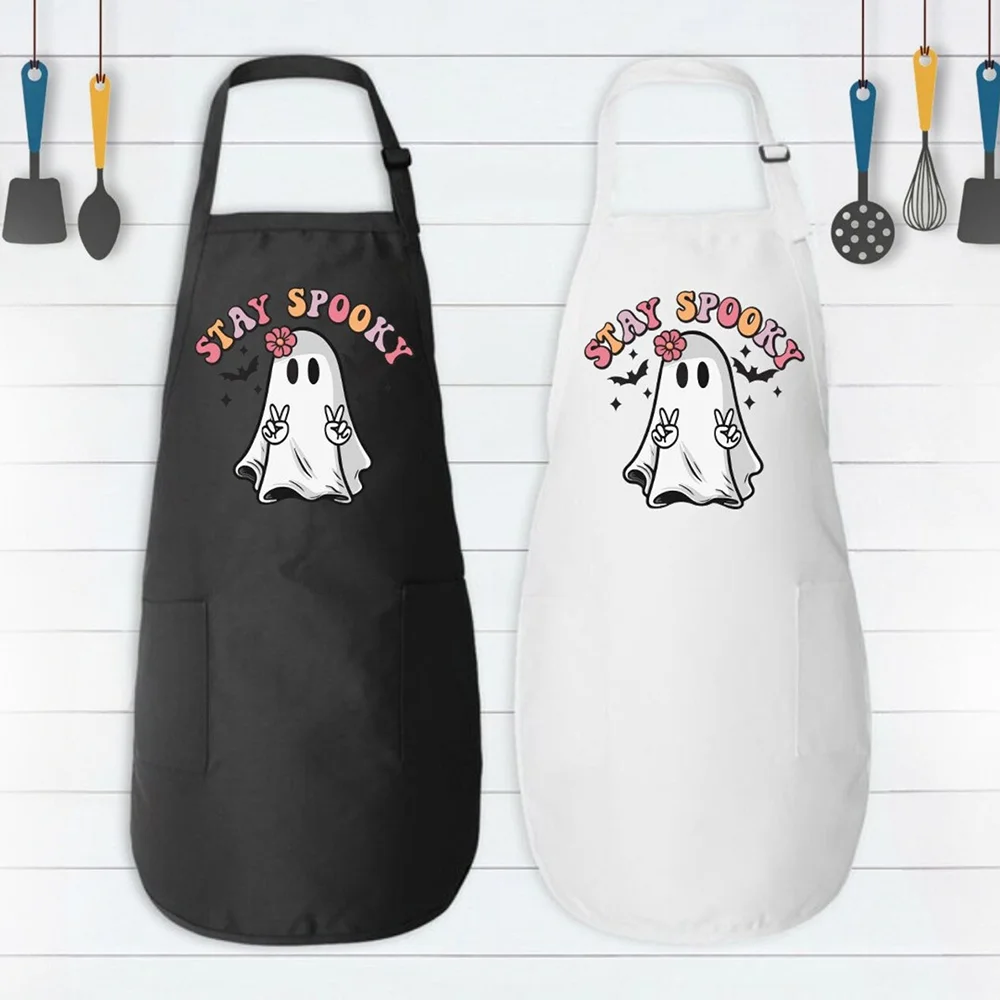 

Stay Spooky Apron Goth Bake Down Kitchen Cooking Supplies Halloween Decoration Funny Baking Gift Hostess Apron with Pockets