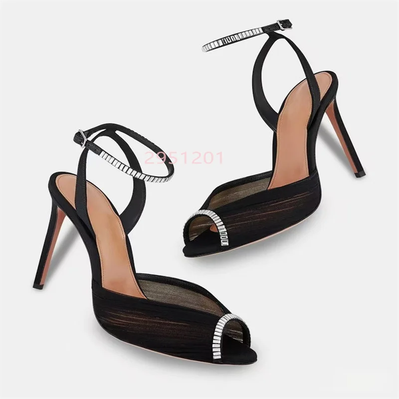 Crystal V Pointed Toe Women White Lace Mesh Sandals Slim High-Heeled Sandals  De Mujer Verano