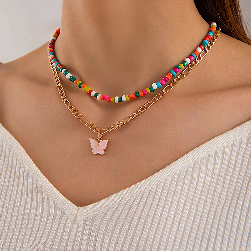 Tocona Ethnic Style Butterfly Layered Pendant Necklace for Women Colorful Beads Alloy Metal Ajustable Jewelry Gift Collar 24490