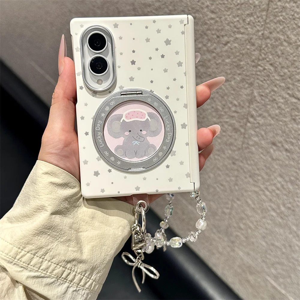 Cute Star Elephant Print Phone Case For Samsung Galaxy Z Fold 8 Rotatable Ring Stand With Crystal Bead Chain Shockproof Shell