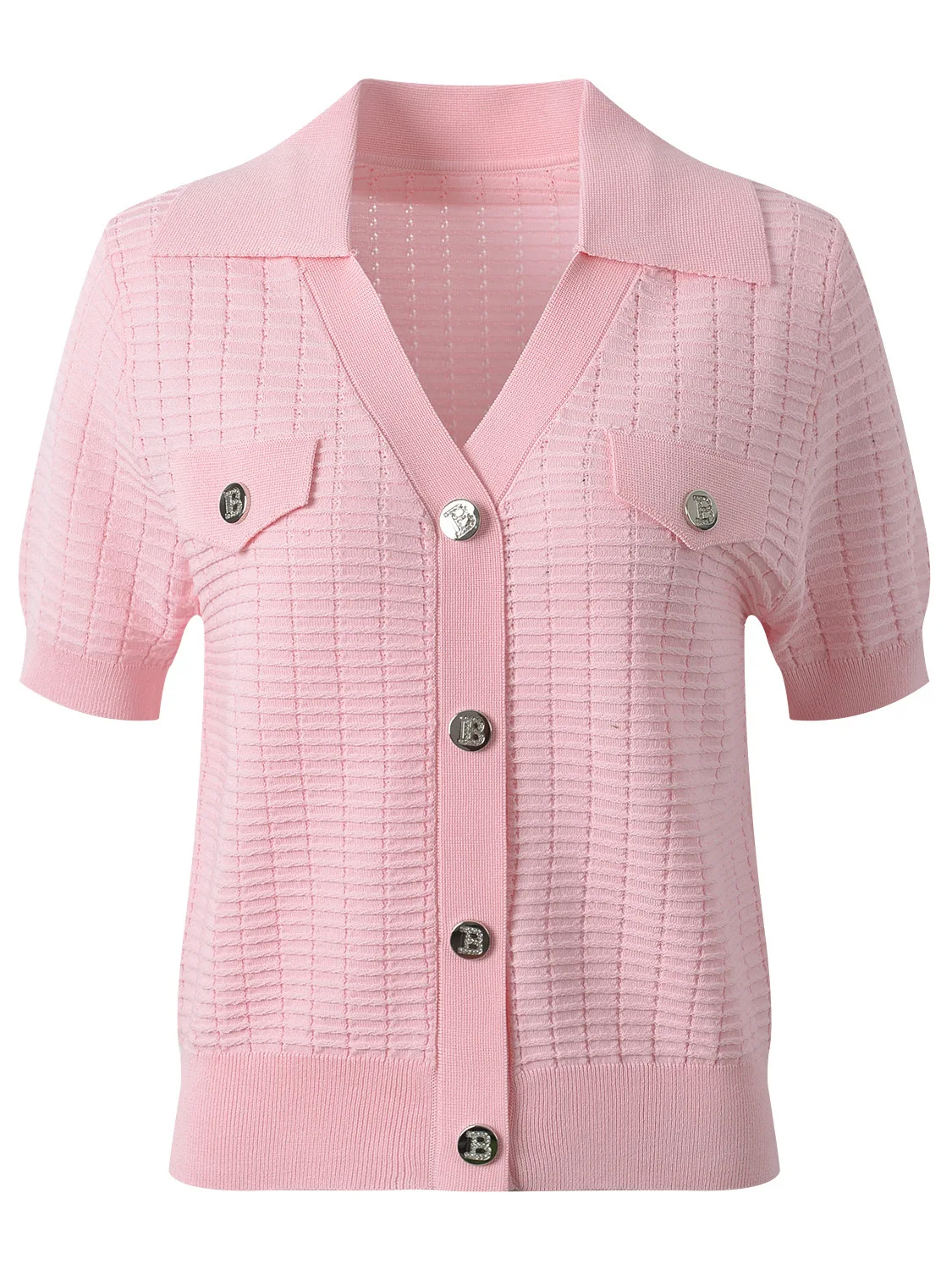 

High-End European Style Spring Summer Plaid Short Sleeve Knitted Cardigan Fashionable Collared Golden Button Versatile Top