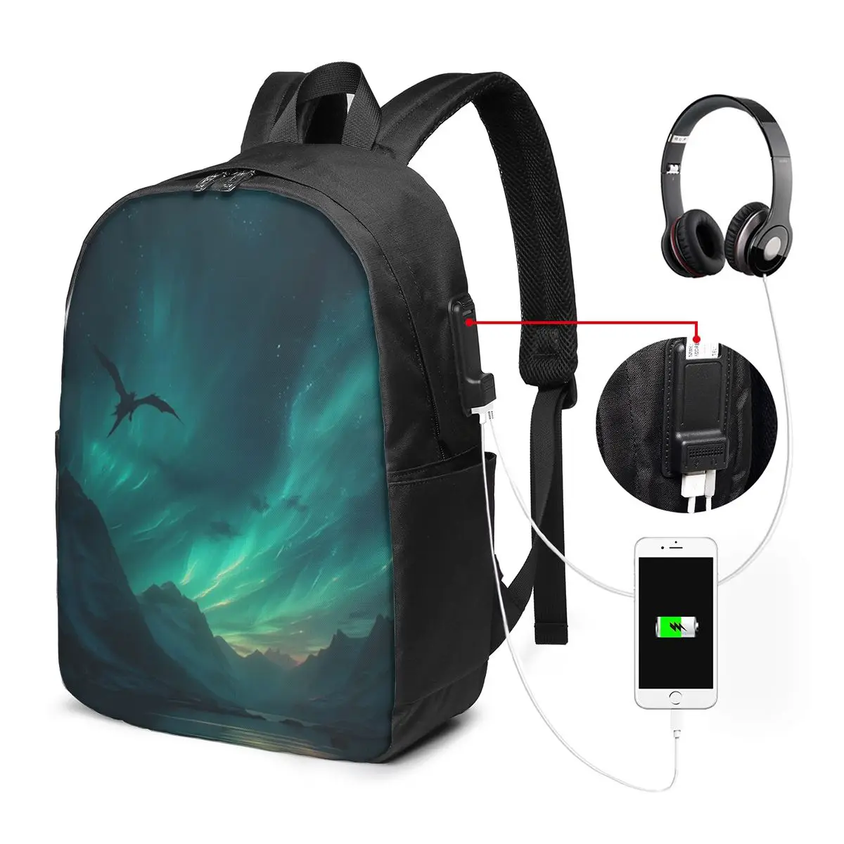 Nordic Aurora And Dragon Soaring Sky Backpack Travel Notebook Bag Computer College Student School Bag Laptop Shoulder Bags