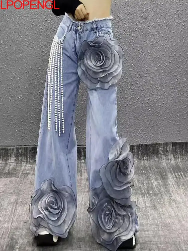

Summer New High Waisted Loose Versatile Wide Leg Pants Women High Street Side Large Petal Hollowed Out 3D flower Design Jeans