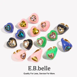 E.B.belle Cut Gemstone Heart Enamel Earrings Colorful 18K Gold Plated Jewelry 316L Stainless Steel Women's Rings