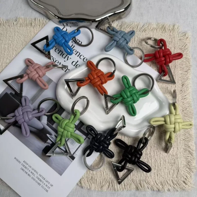 New lambskin woven Chinese knot car keychain men's and women's genuine leather bag pendant pendant high-end gift view 2