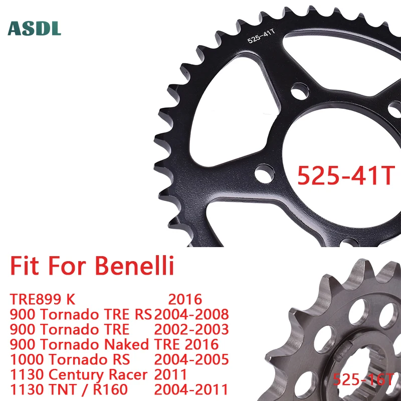 

525 41T 16T Motorcycle Front and Rear Sprocket Carburized Steel for Benelli TRE899 K 900 1000 Tornado 1130 Century 1130 TNT R160
