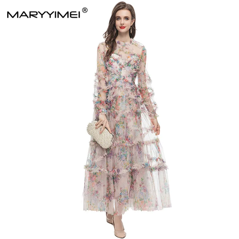 MARYYIMEI New Autumn Fashion Elegant dress Mesh Lantern Sleeve Print Wood Ear Edge Waist Up Banquet Long Dresses