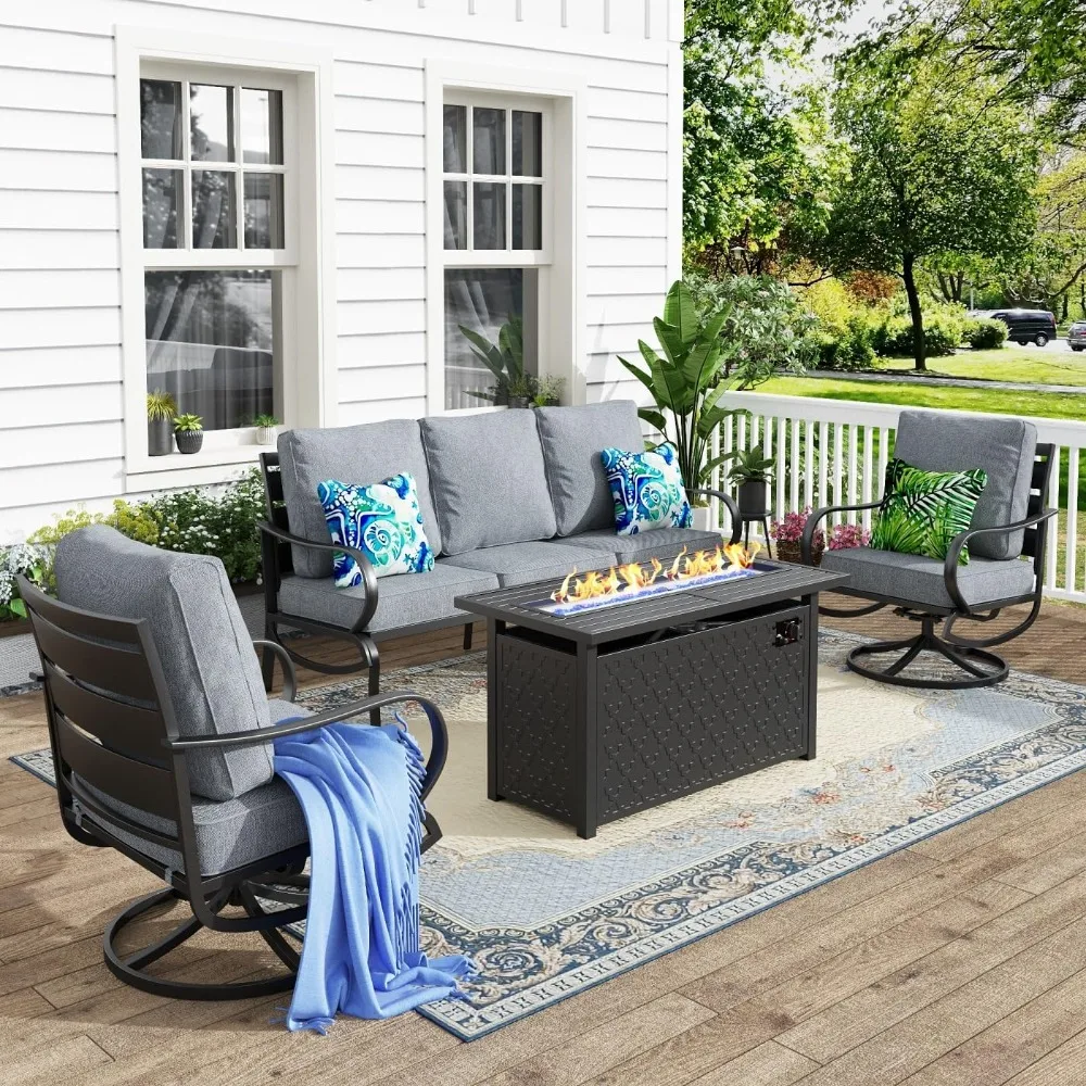 4 Pieces Patio Conversation Set, 45 Rectangular Propane Fire Table, 3-Seat Sofa, 2 Swivel Chair, All Weather Metal Furniture Set