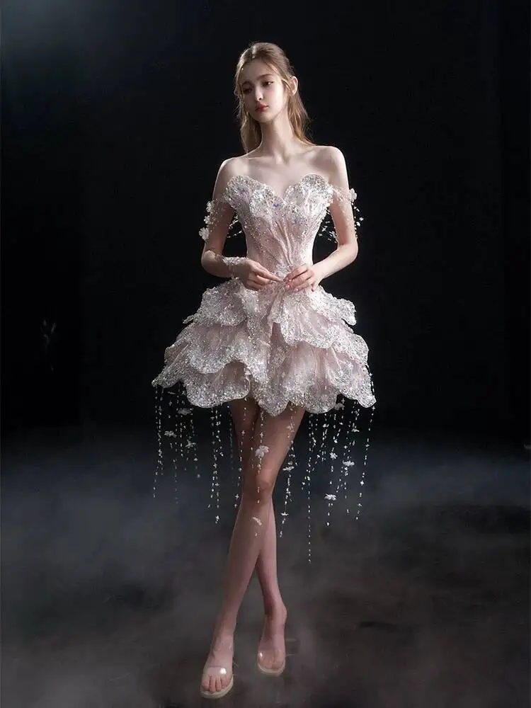 Gorgeous Solo Dance 2026 New Strapless Off-Shoulder Pink Short Dress Princess Style Sweet Engagement Bride Wedding Gown